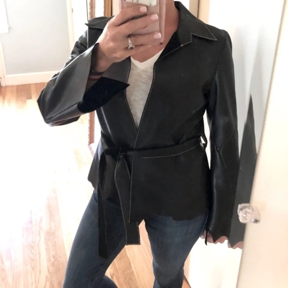 Joie Genuine Leather Belted Blazer Jacket – Black - Picture 6 of 13
